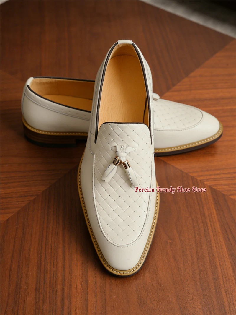 Beige Tassel Woven Men's Loafers Wedding Dress Shoes Handmade Genuine Leather Pointed Toe Slip-On Business Casual Shoes Big Size