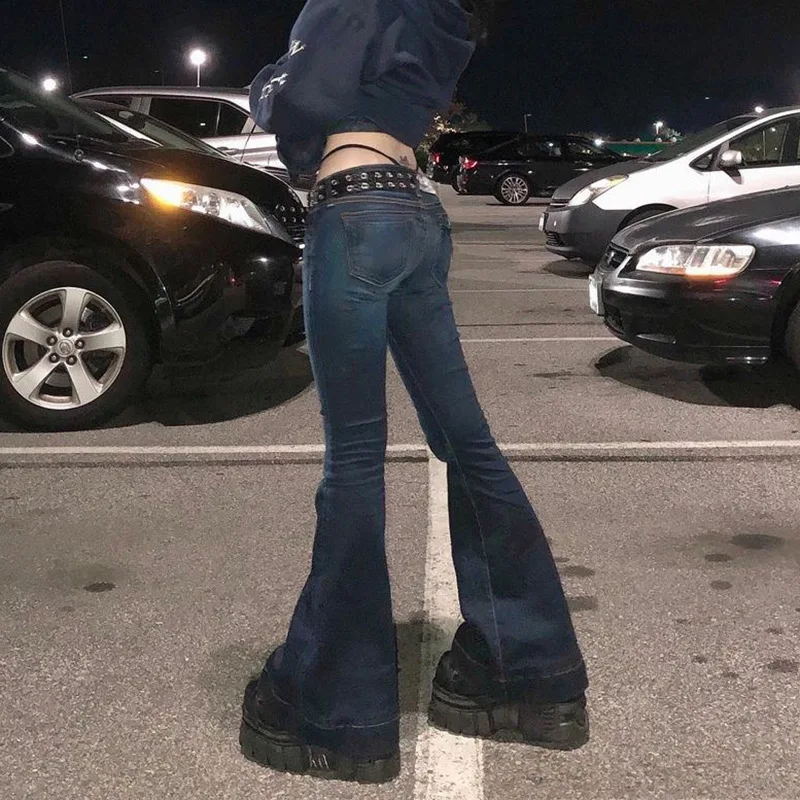 Retro fashion low-waist blue straight-leg floor-length mopping pants for women basic gradient washed tight slimming jeans y2k