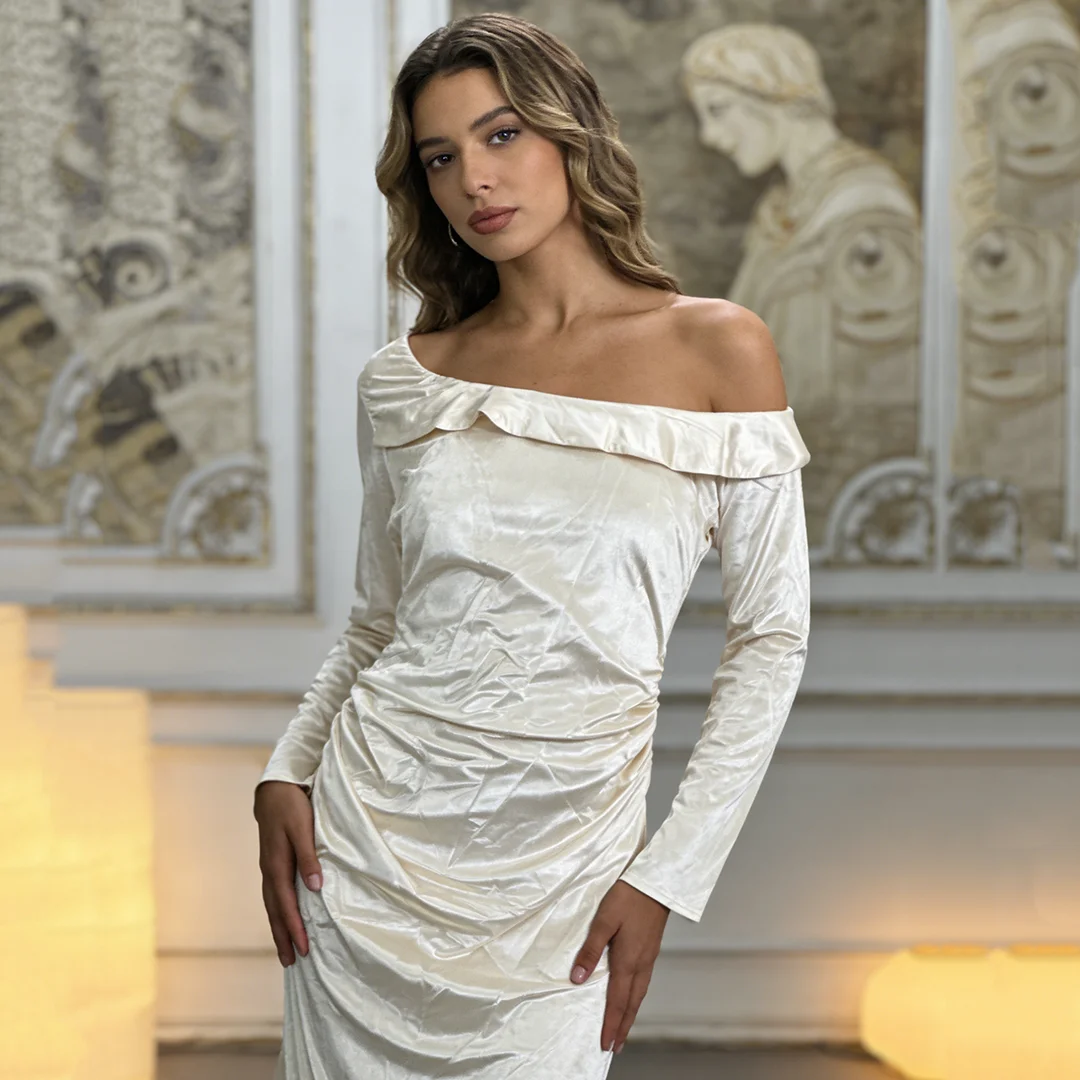 

Women's pleated shoulder satin banquet dress slim fit long single dress dress ins party red carpet