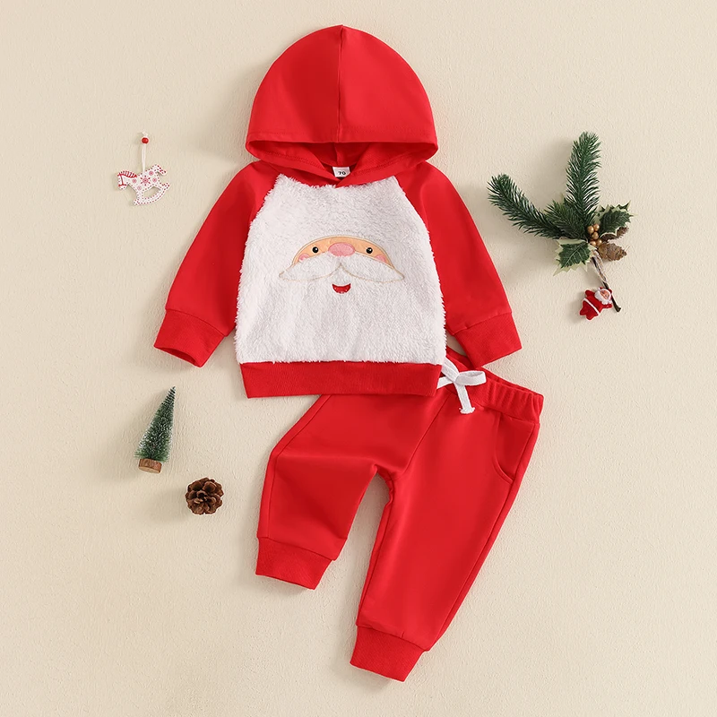 Toddler Boys Girls Christmas Outfits Santa Embroidery Long Sleeve Hoodie with Elastic Waist Pants 2Pcs Tracksuits