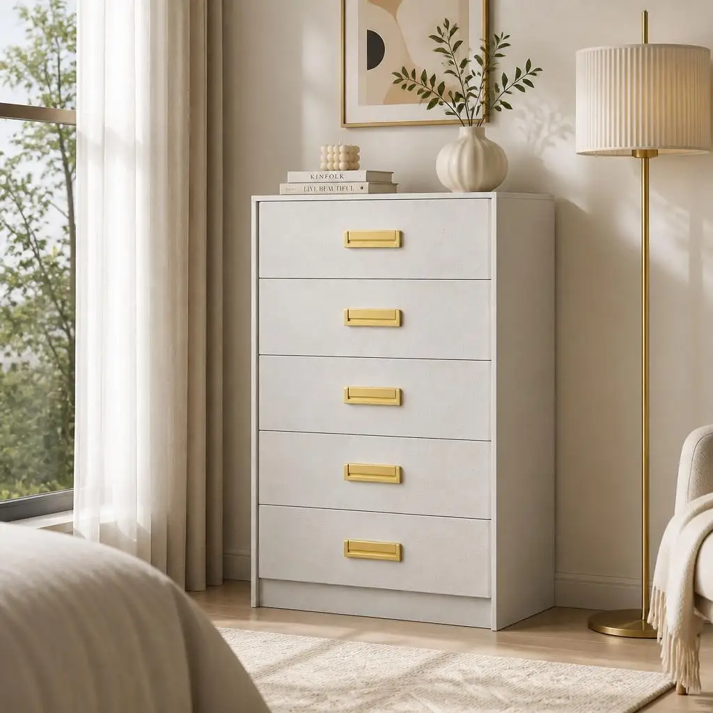 Modern Bedroom Dresser with 5 Drawers - Compact and Sturdy Mdf Chest of Drawers, Double Beveled Edge, Home Storage Organizer