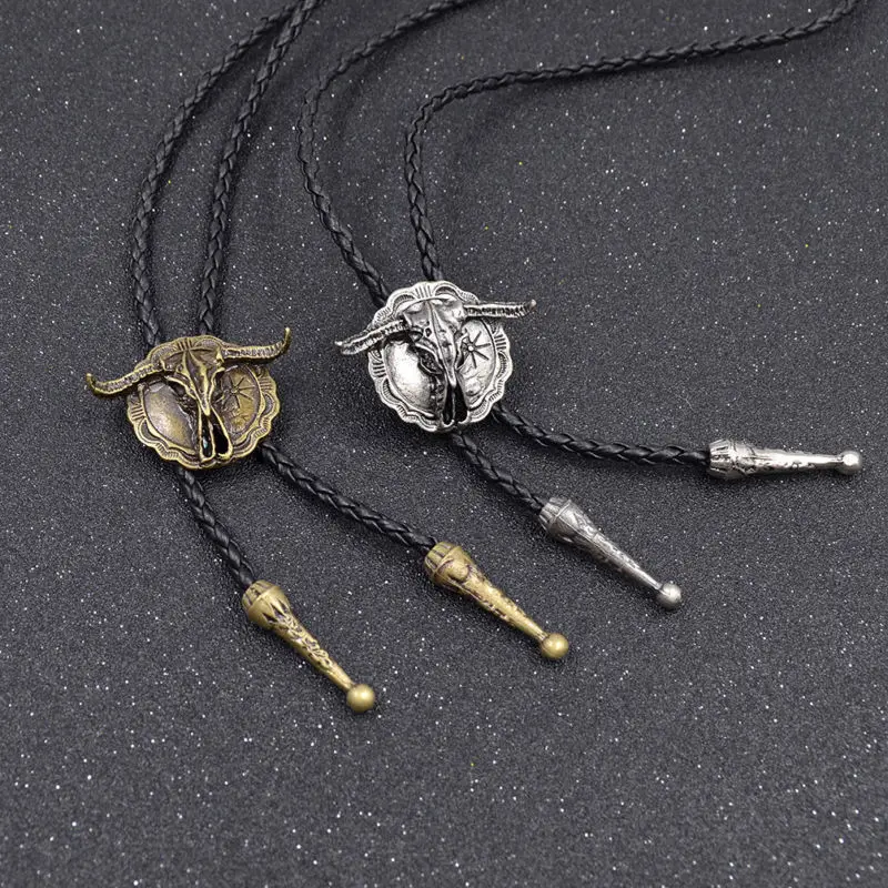 Vintage Arrial Western Cowboy Longhorn Steer Kuh Schädel Schild Leder Seil Rodeo Bolo Krawatte Männer Frauen Bola Krawatte Zubehör – Detail 4