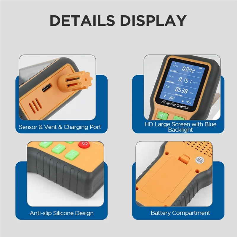 Air Quality Monitor CO2 Monitor Formaldehyde Detector TVOC/Temp./Humidity Indoor with Buzzer Prompt,Backlit Screen