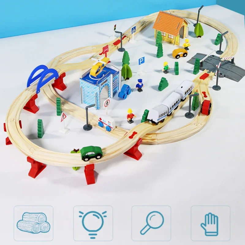 96 قطعة لغز مونتيسوري خشبية لعب الأطفال السكك الحديدية اللبنات مجموعة ديوراما اكسسوارات منشئ مجلس ألعاب الصبي هدية