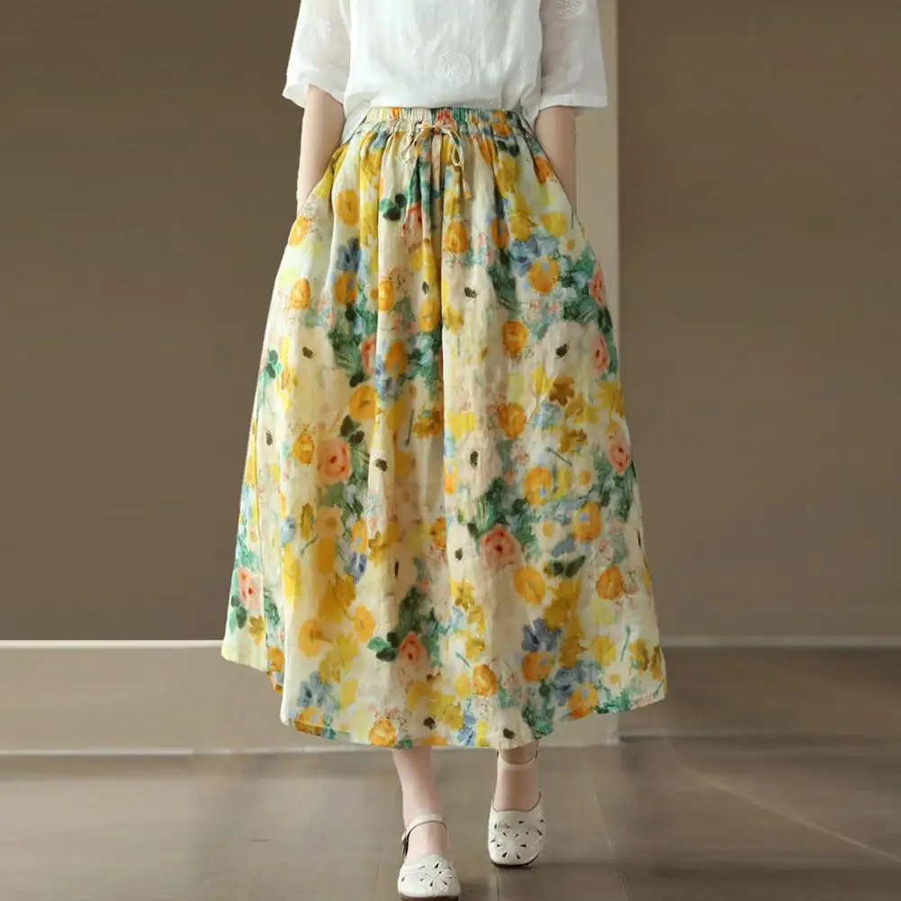 

Women Midi Skirt Floral Print Elastic Waist Midi Skirt with Pockets for Women Flowy Handkerchief Hemline Adjustable Drawstring