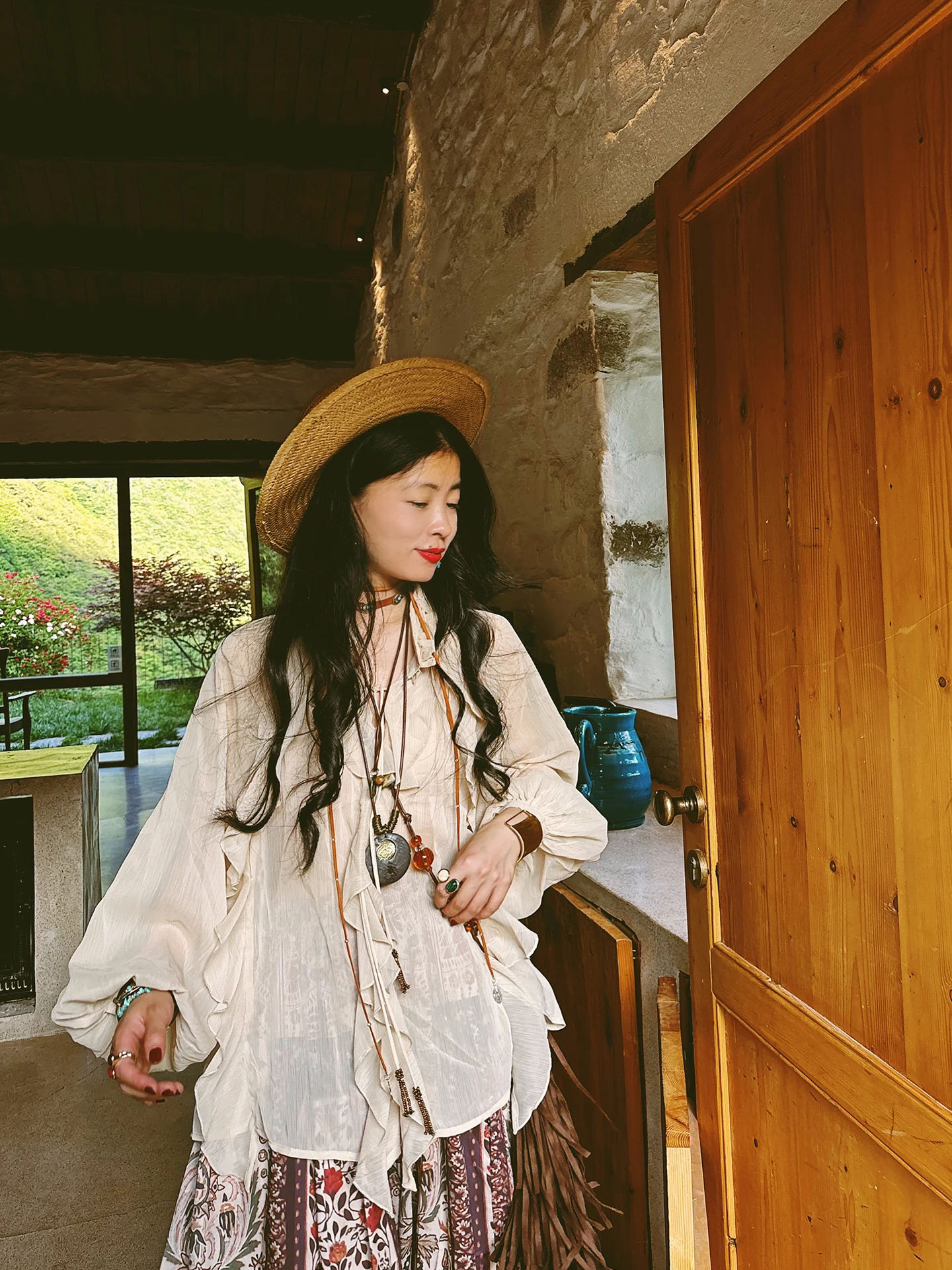 

Boho Lace Trim Thin Lantern Sleeve Sun Protection Shirt Loose Cover up Top Long Sleeve V Neck Color Commute Style