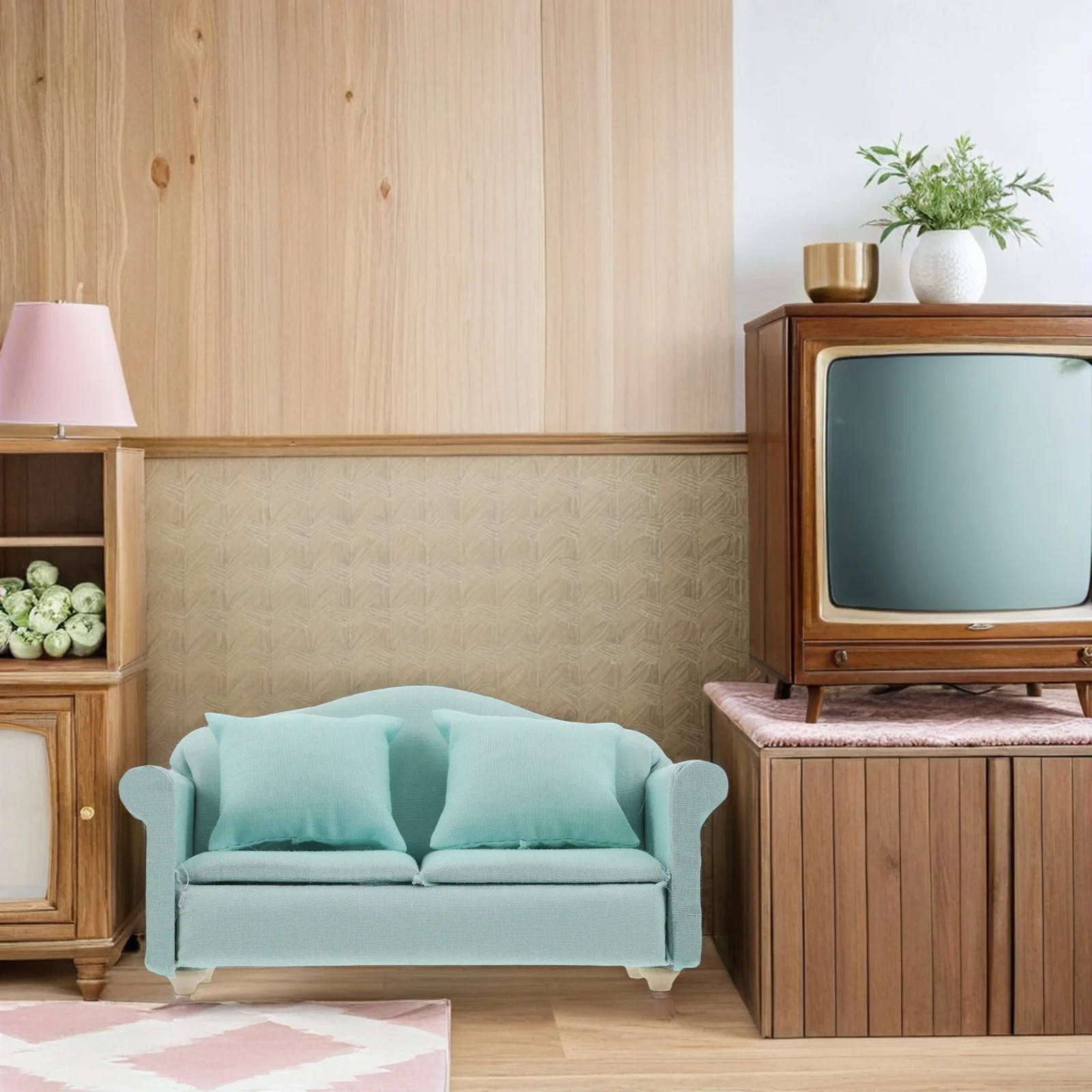 2 stuks miniatuur meubelset lichtgroen houten stoffen bank fauteuil voor poppenhuis woonkamer decor kinderen speelhuis simulatie