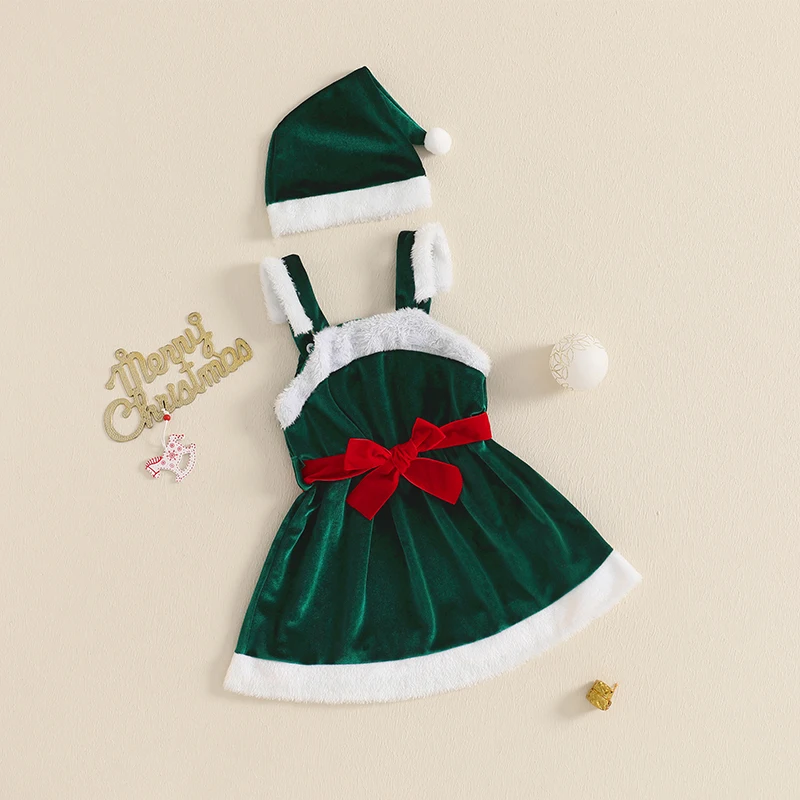 6M-3Y Baby Girls Christmas Dress Velvet Plush Terry Trim Patchwork Bow Waistband Sleeveless A-Line Tank Dress with Hat