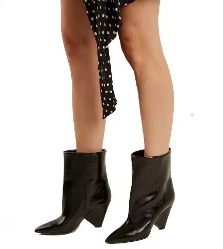 

Classic Women Fashion Black Solid Leather Pointed Toe Patchwork Spike Heels Mid-calf Boots Female Short Boots Shoes Size 46