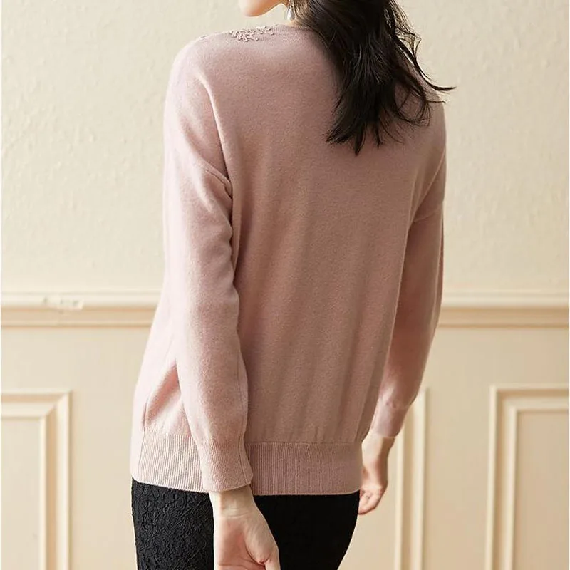 Korean Elegant Long Sleeve Lace Knitted Tops Autumn Winter Women\'s Clothing Fashion V-Neck Solid Sweaters T-shirt for Female