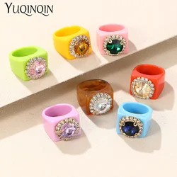 Trendy Colorful Big Rhinestone Rings Sets for Women Geometric Square Large Punk Finger Rings for Girls Ins Party Female Jewelry
