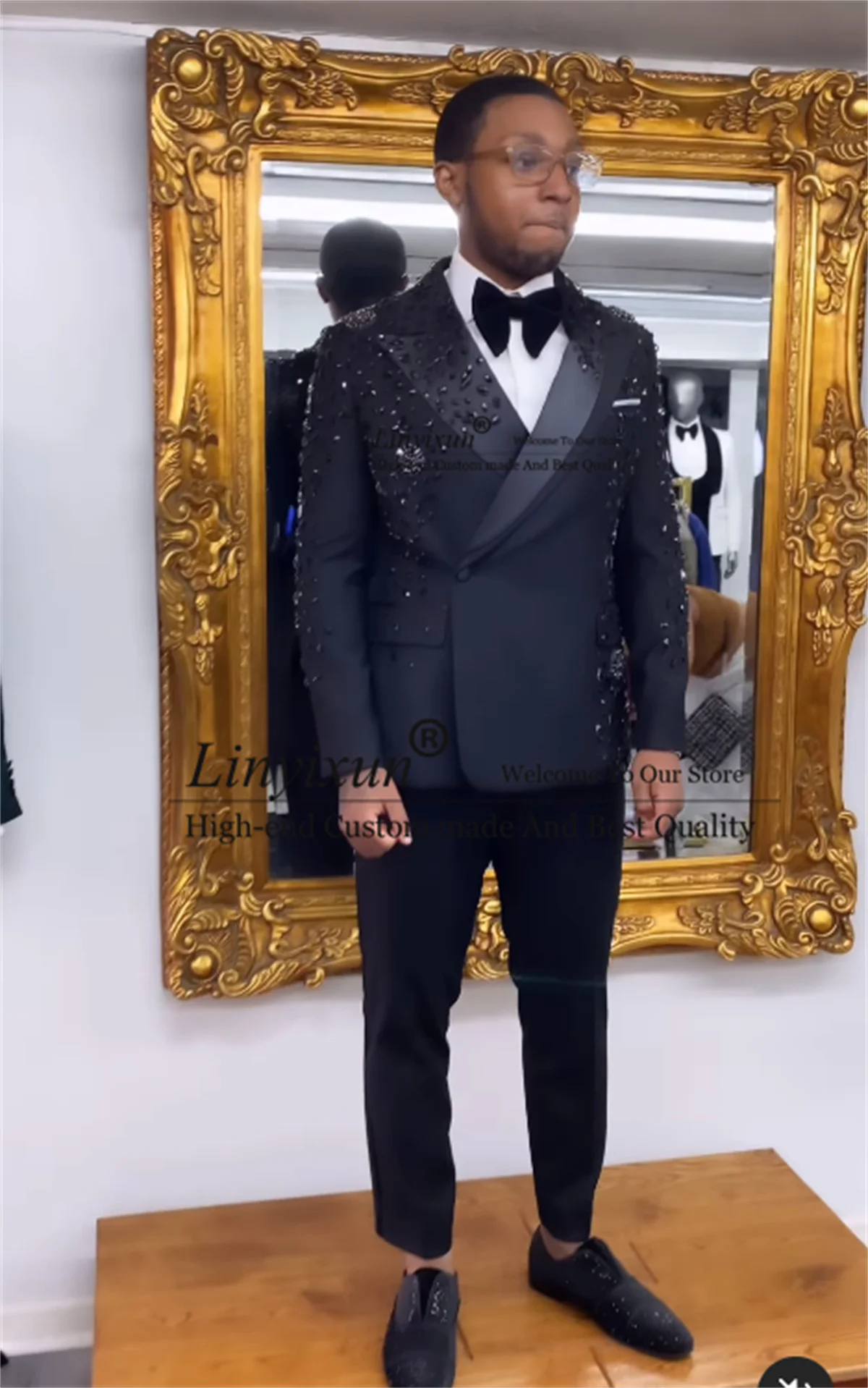 Double Breasted Men Suits Luxury Beaded Crystals Wedding Groom Tuxedos 2 Pieces Sets Male Prom Blazers Slim Fit Costume Homme