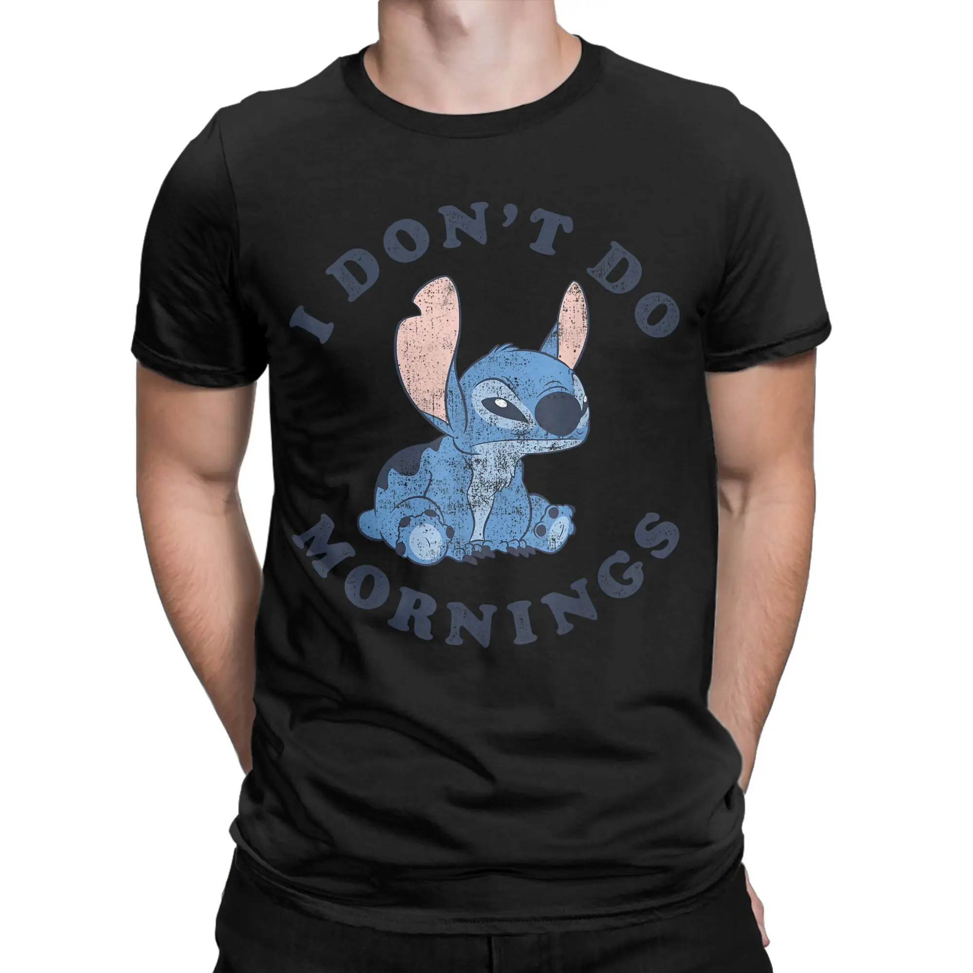 

Men Stitch I Don't Do Mornings Distressed T Shirts 100% Cotton Clothes Hipster Short Sleeve Round Neck Tees Classic T-Shirt