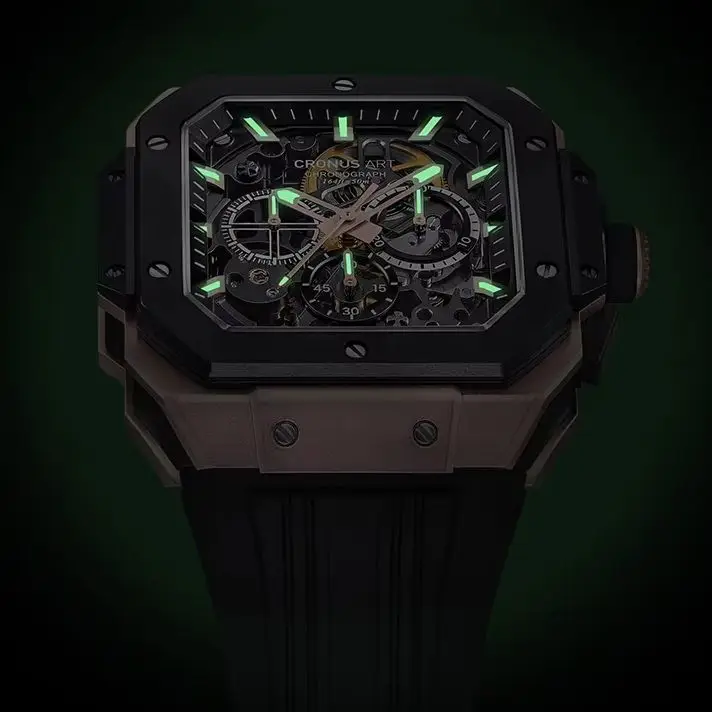 CRONUSART الرجال ساعة كرونوغراف مربع 45 مللي متر التلقائي الميكانيكية ساعة اليد مضيئة الهيكل العظمي الهاتفي حزام الفلوروروبر