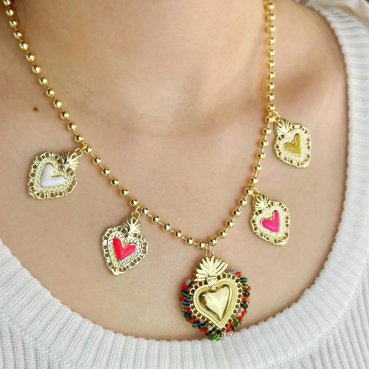 Gold Beads Sacred Heart Amulet Pendant Necklace God crown Chain Necklaces Christian Mexican Catholic Jewelry