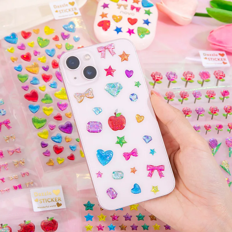 Glitter Laser 3D Stickers Flower Fruit Heart Star Bow Knot Kids Girls Makeup Face Sticky Earring Bottle Phone Decoration Sticker