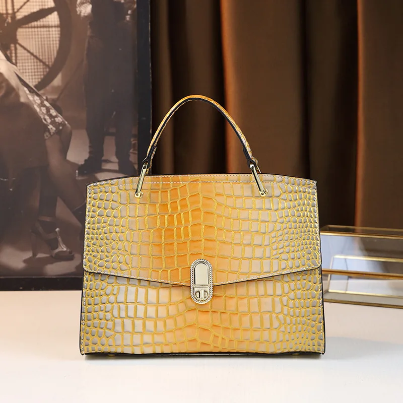 

Handbag 2024 New Fashion Shiny Leather Gradient Crocodile Pattern Women's One Shoulder Crossbody