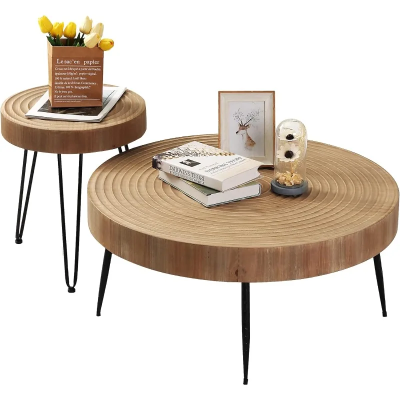 

Farmhouse Round Coffee Table Set of 2, Cocktail Table Set, Modern Circle Natural Wood Finsh Side and End Table