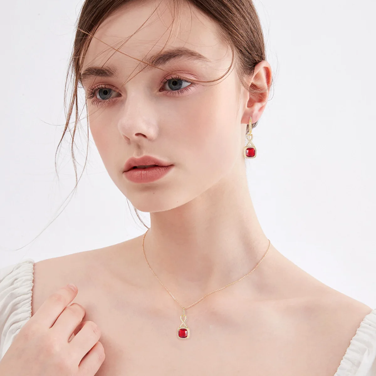 Square micro-inlaid zircon necklace earrings set chain wedding dinner dress high-quality zircon jewelry two-piece set