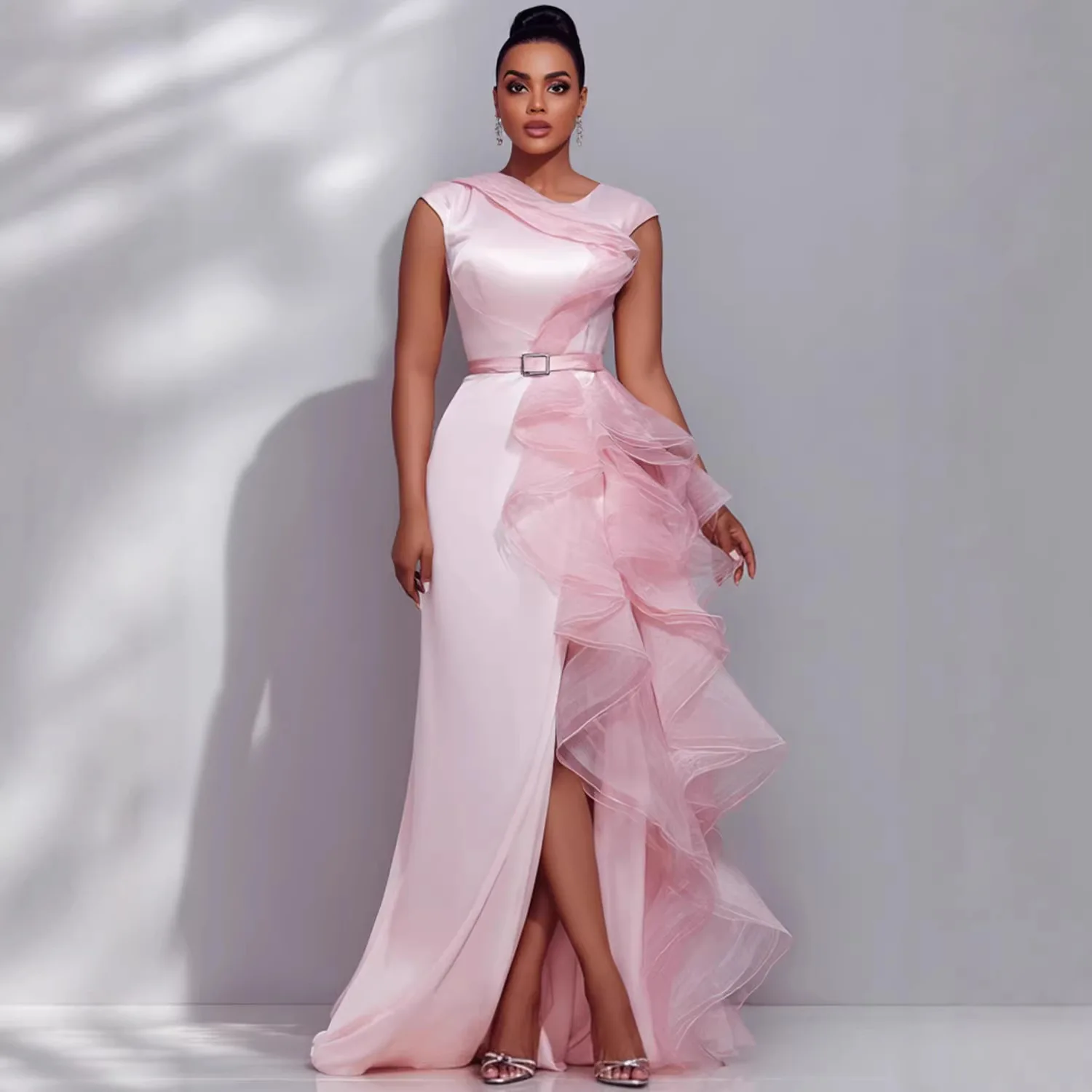 QMANSHA Rosa Satin-Abendkleid für Damen, Rüschen-Tüll, asymmetrischer Schlitz, formelles Kleid mit Gürtel, Hochzeitsgast-Partykleid – Detail 7