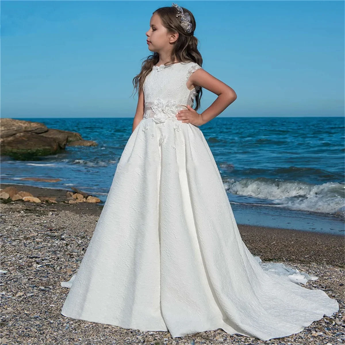 Vestido blanco de flores hasta el suelo sin mangas con apliques 3d para boda, vestidos elegantes para fiesta de cumpleaños eucarísticos para niños