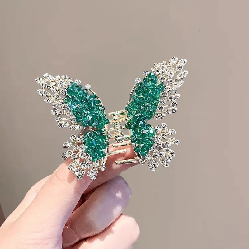 Hochwertige grüne Kristall-Schmetterlings-Haarklammer für Damen, Haftgebundene Haarklammer aus Metall, exquisiter französischer Haarschmuck