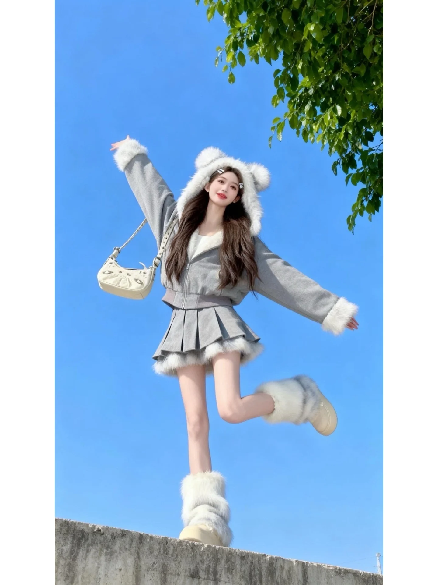 

Очаровательное двустороннее пальто с меховым капюшоном и юбкой, комплект, теплая антивозрастная плиссированная юбка с высокой талией, корейский женский костюм