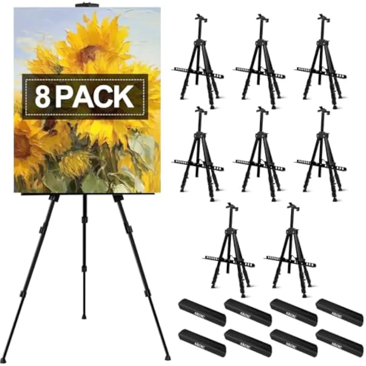 8-piece portable metal easel set with 17–66 inch height adjustment, foldable to 17 inches, includes carry bag, spring-clip top,