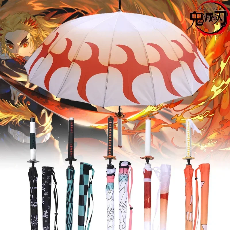 Demon Slayer Anime Katana Umbrella Sunshade Long Handle Parasol Umbrellas Kimetsu No Yaiba Kyoujurou Windproof Sword Rain Gear