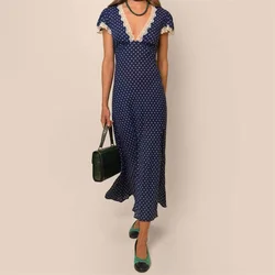 fashion summer dresses 2024 New Lace patchwork V-neck long dresses Polka dot printed short sleeved fishtail skirt Midi dresses