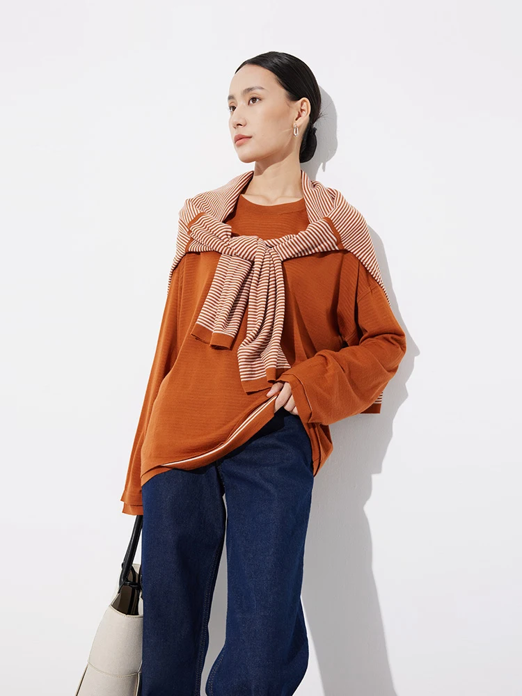 

wei Australian Ultrine Wool Double Layer Wearable Reverse Knitted round Ne Pullover Sweatirt Knitwear for Women