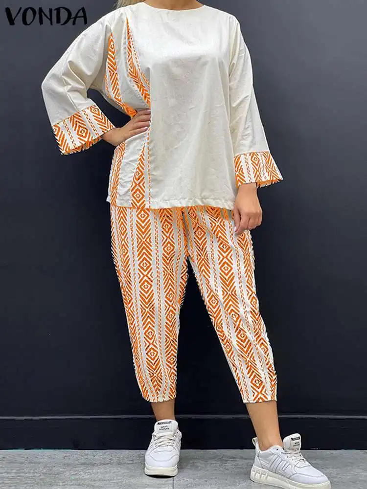 Plus Size 5XL VONDA Vintage Women Pant Sets 2024 Fashion 2pcs Casual Loose Printed Bohemian Pant Suits 3/4 Sleeve Tops Suits