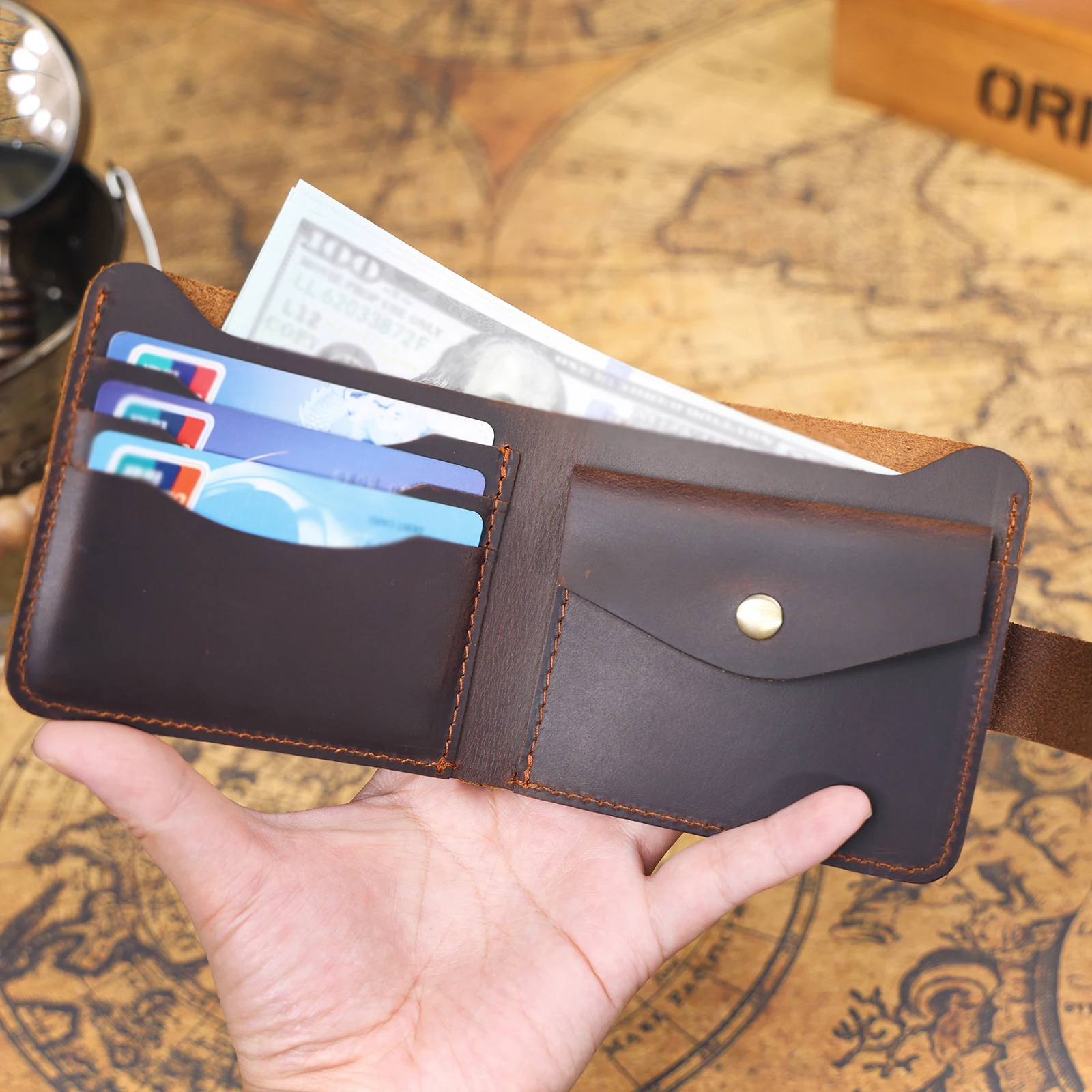 Echtes Leder Herren Kurzgeldbörse Kartenhalter Einfache Mini-Geldbörse Crzay House Leder Perfekt zum Tragen von Bargeld & Karten – Detail 11