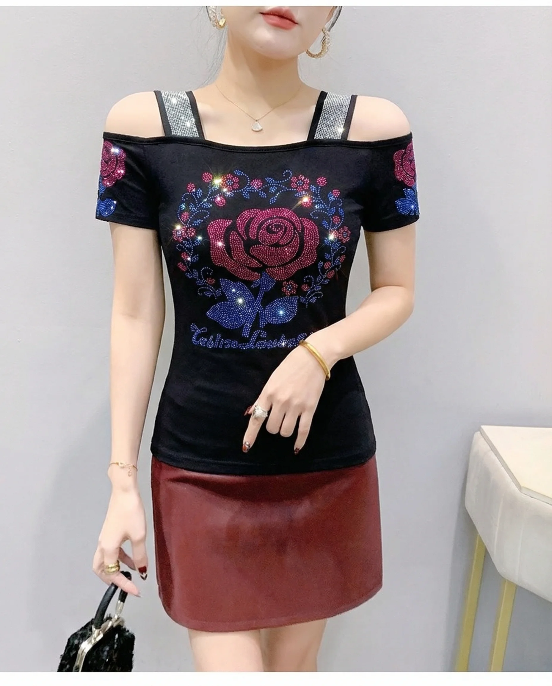 New Designer Hot Diamond Mesh T-Shirt Women Korean Style Sexy Off Shoulder Slim Tee Summer Casual Streetwear Tops