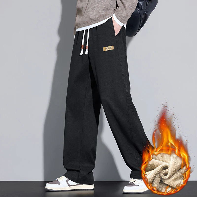 冬の新フリースパンツ男性厚いカジュアルストレートベルベットズボン暖かいファッションワイド快適な韓国男性ズボン M-4XL