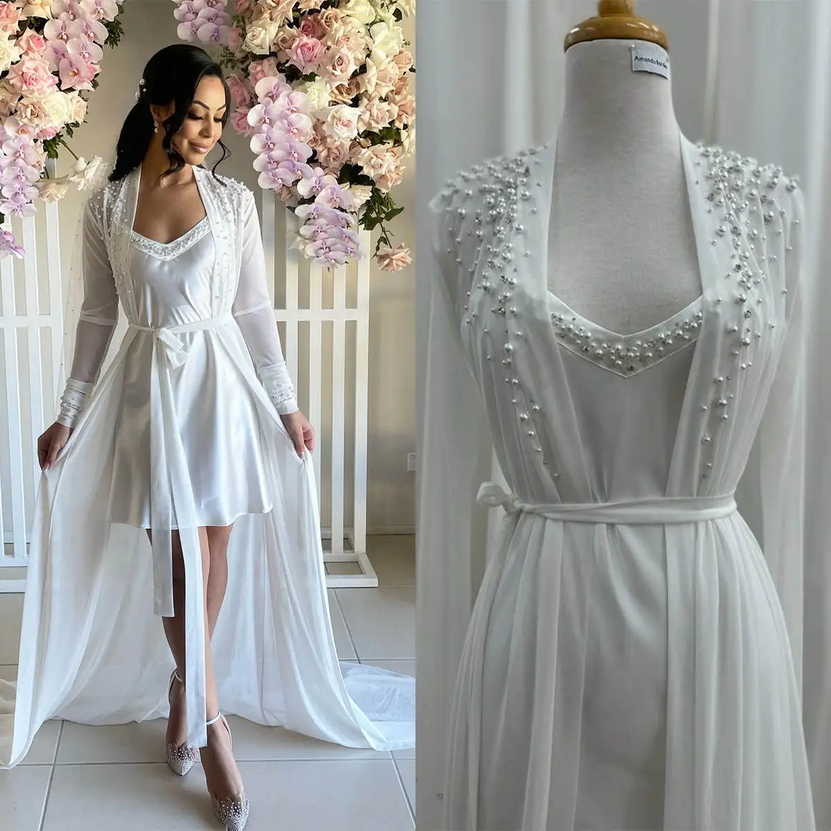 

Luxury Women Nightgown Bridal Pajamas Long Sleeve Lace up Pearls Bridal Wedding Bathrobe for Photography Custom Made