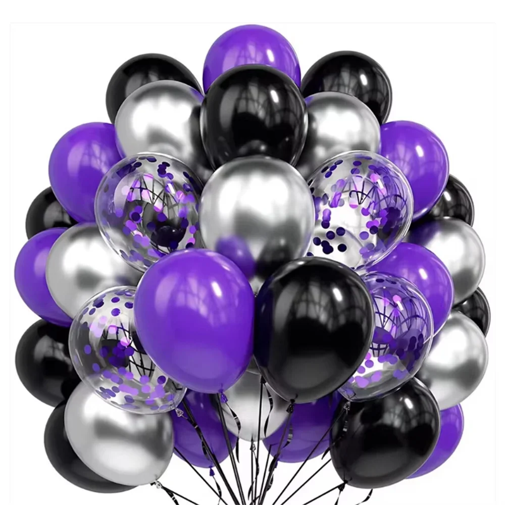 40 Globos de Látex Metálicos Morados y Negros de 10 Pulgadas con Confeti Morado para Decoración de Fiestas de Halloween, Cumpleaños y Miércoles
