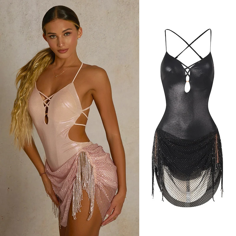 ZYM Bright Leather Mesh Patchwork Dance Dress Women Chacha Latin Dance Fringed Dress Sexy Backless Latin Dance Clothing SL15612