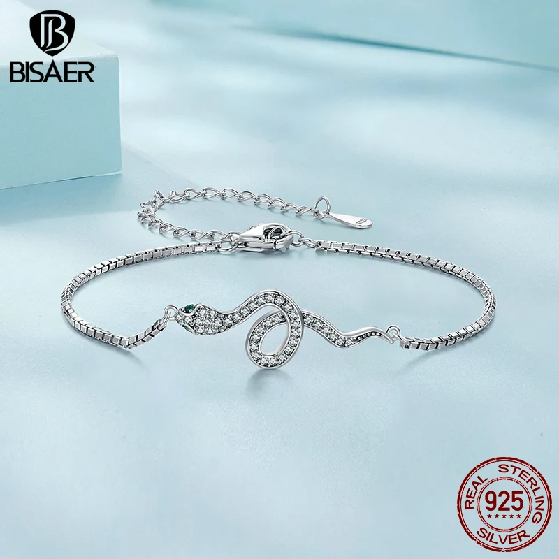 BISAER 925 Sterling Silver Spirit Serpent Bracelet Pavé Setting Zircon Plated Platinum Adjustable Chain for Women Fine Jewelry