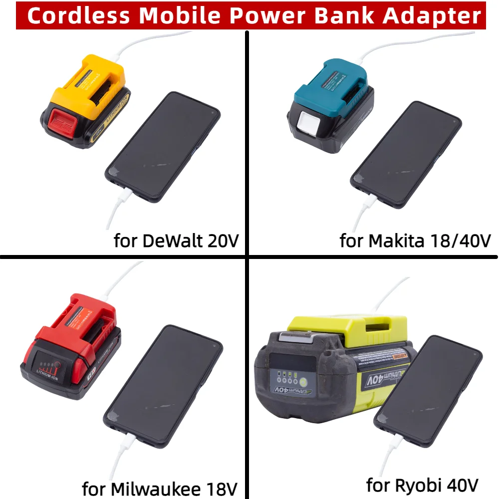 

Cordless Mobile Power Bank Adapter for DeWalt 18/20V/Makita 18/40V/Milwaukee 18V/Ryobi 40V Battery W/USB PD/QC3.0 Fast Charger