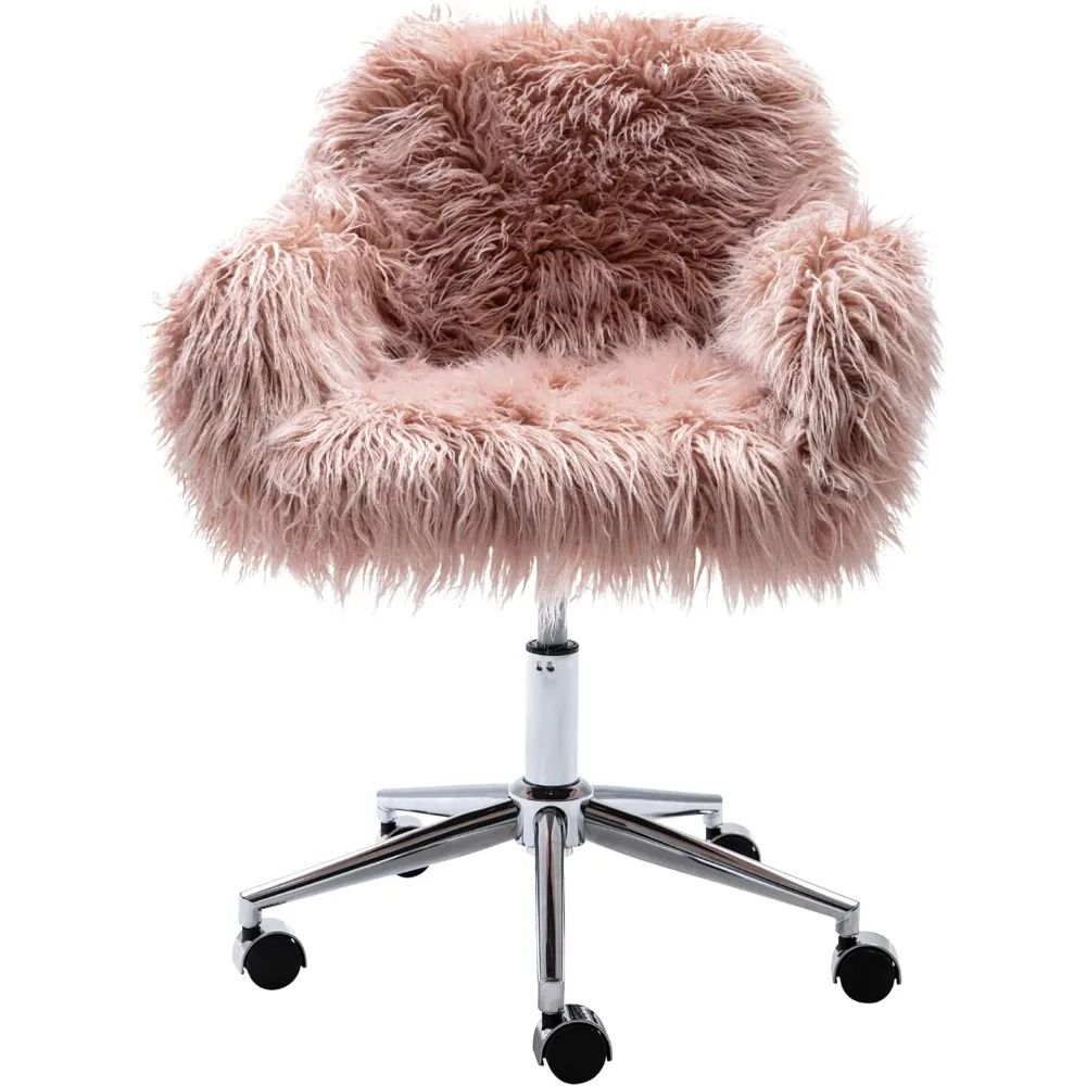 

Fluffy Desk Chair, Faux Fur Furry Home Office Chair, Fuzzy Swivel Armchair with Wheels, Height Adjustable Silver Base for Girls,