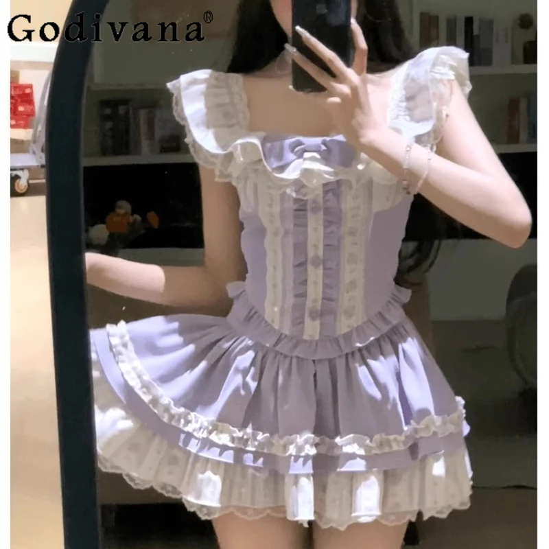 

Summer Sweet Purple Outfits Women Cute Color Block Patchwork Bow Top Mini Skirt Suits Female Princess Style Skirt Set