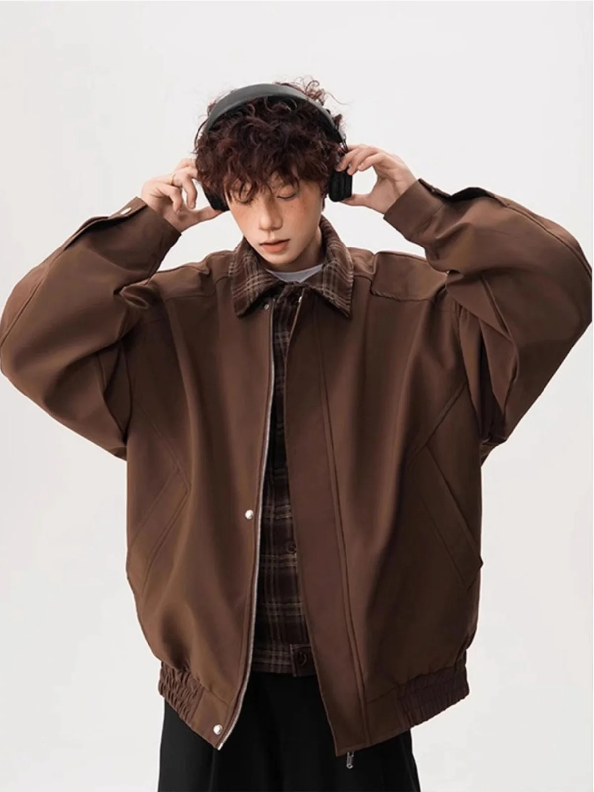 

Spring Plaid Baseball Sle Jaet Men's Fake Two-Piece Collar Stand-Up Patchwork Outerwear Couple's Casual Faion Coat