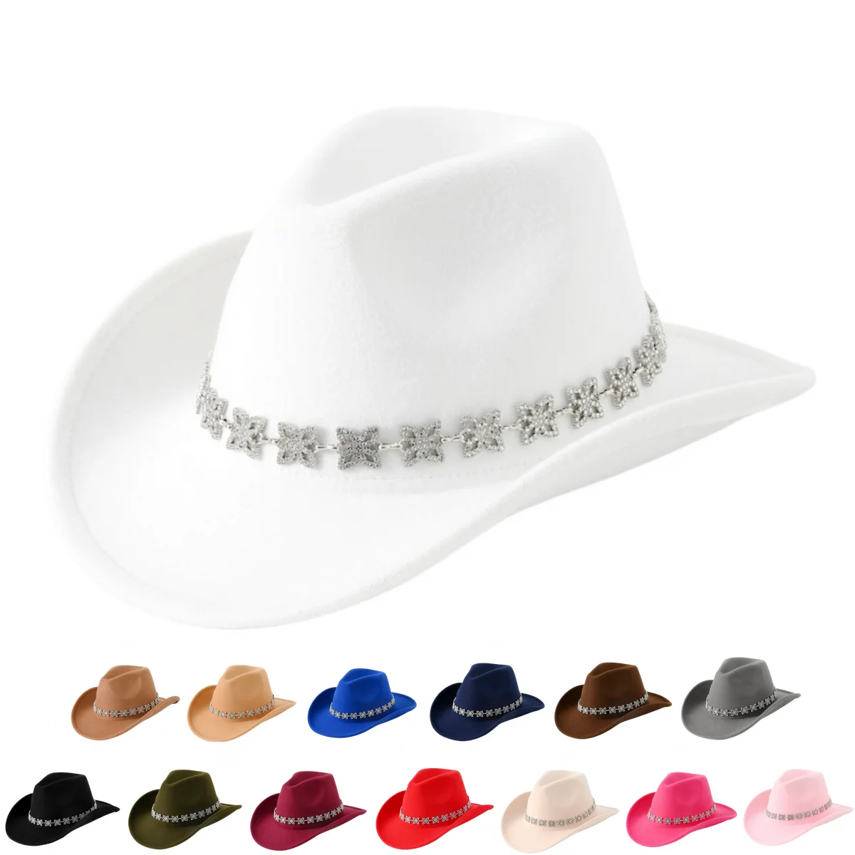 Rhinestone chain jazz hats for men and women, sun-shading western cowboy hats for summer outdoor travel, fashionable jazz hats