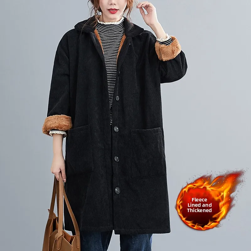 

Утепленное вельветовое женское пальто средней длины, теплая верхняя одежда с длинными рукавами, на пуговицах, из смесового хлопка