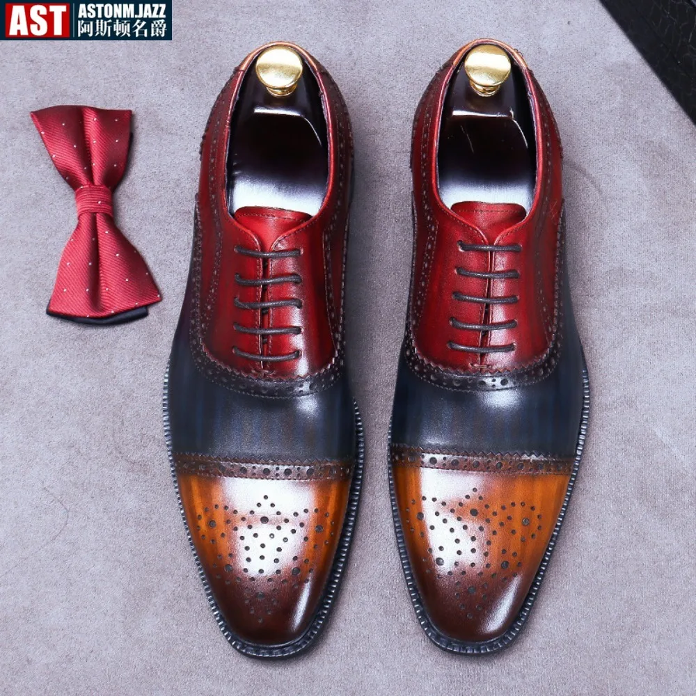 

Fashion Brogue Dress Wedding Shoes Real Cow Leather Mixed Color Carved Business Casual Shoes Plus Size Men Formal Leather Shoes