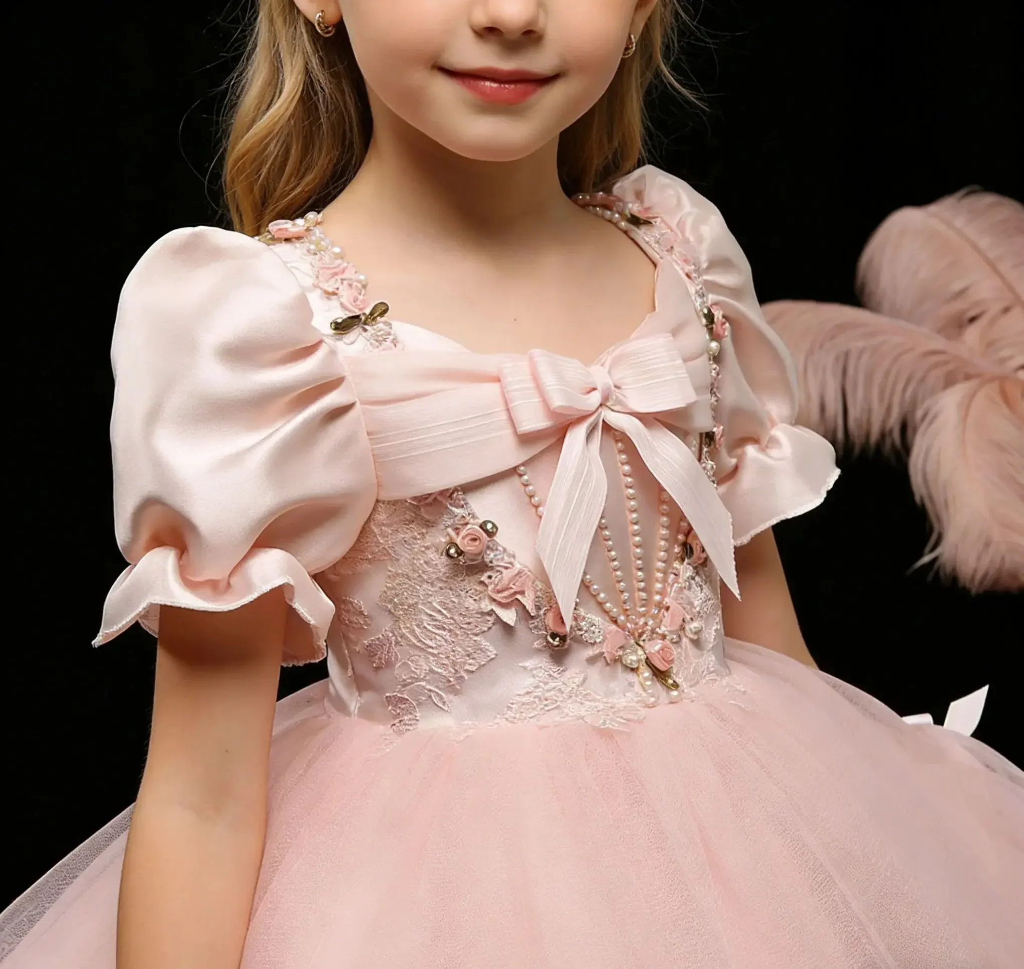 Custom Luxury Dress FlowerGirl Wedding Pageant Pink Puff Sleeve Bow Tulle Kid Luxe Birthday Guest Evening Runway Show Ball Gown