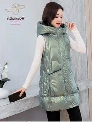 Glossy Mid Length Version Down Cotton Women's Vest Winter Korean Loose Hooded Thicken Waterproof Waistcoat Sleeveless Jackets