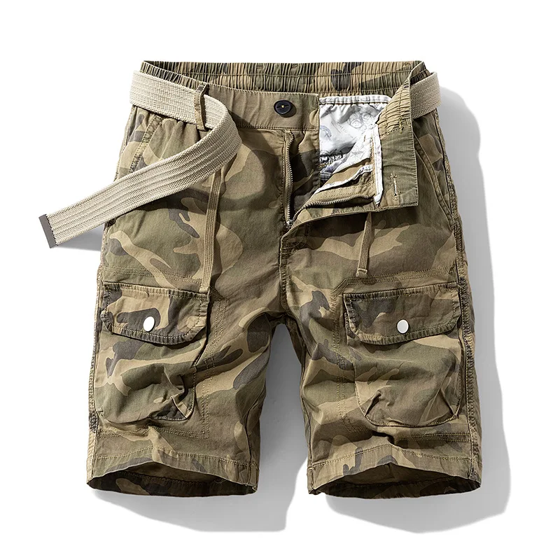 Drawstring elastic waist loose five quarter pants men's summer multi pocket camouflage workwear shorts