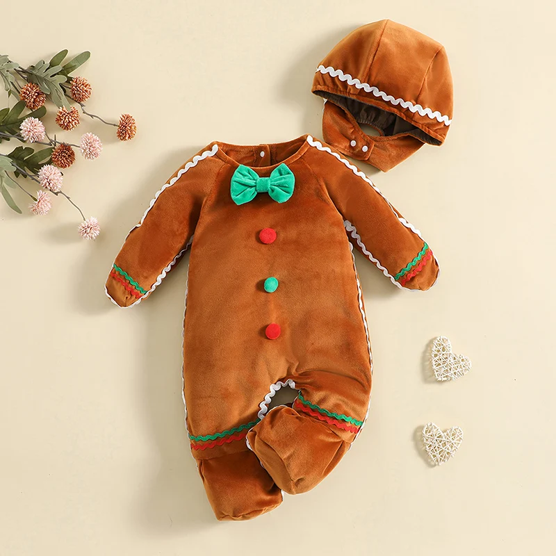 0-24months Toddler Baby Gingerbread Man Xmas Rompers Casual Long Sleeve Christmas Footed Jumpsuit And Cute Hat For Newborn Boys